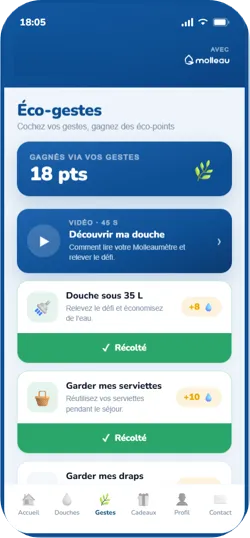 Application Molleau : écran Éco-gestes avec les défis douche, serviettes et draps